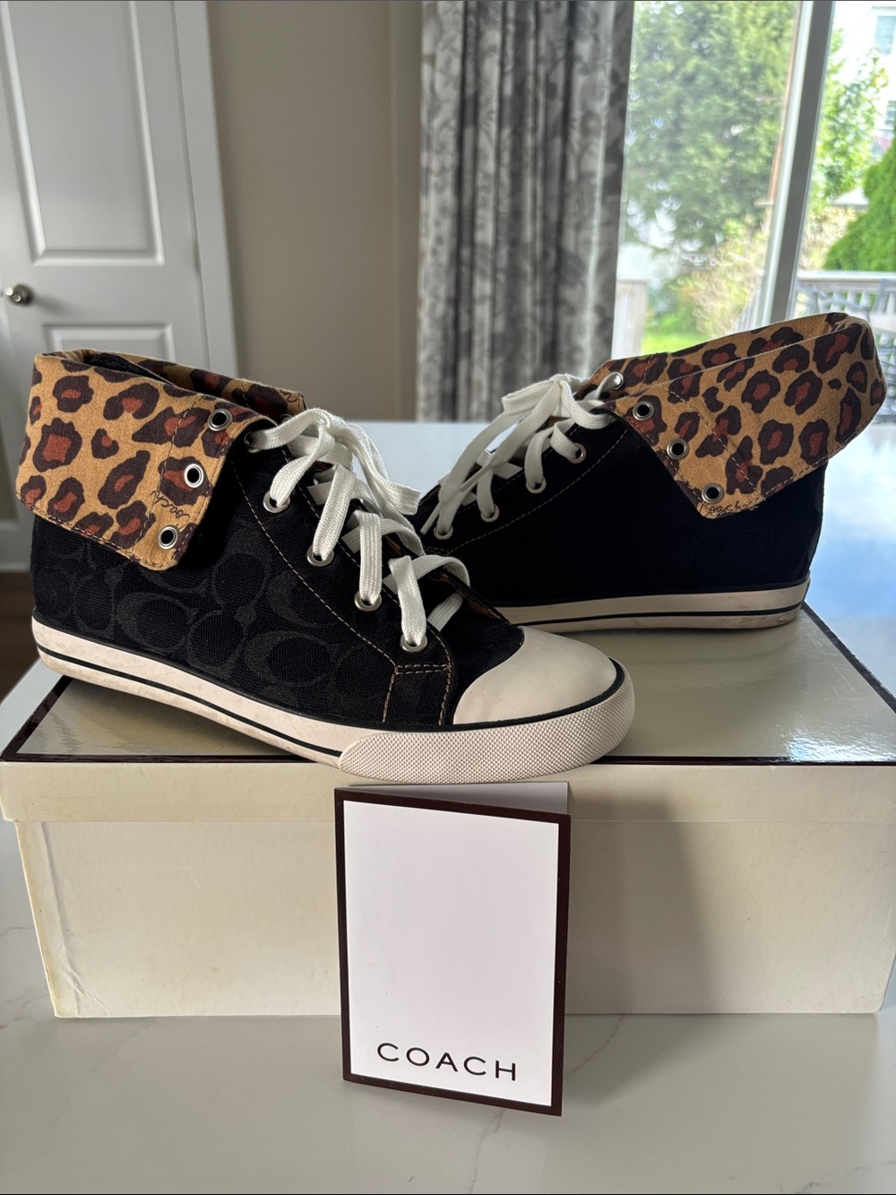Coach Black High-Top Sneakers with Leopard Fold-Over Collar